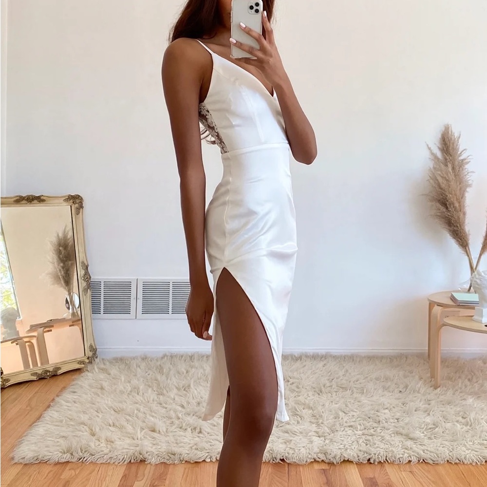Lulus Stunning Sight White Embroidered Lace Satin Midi Dress small
